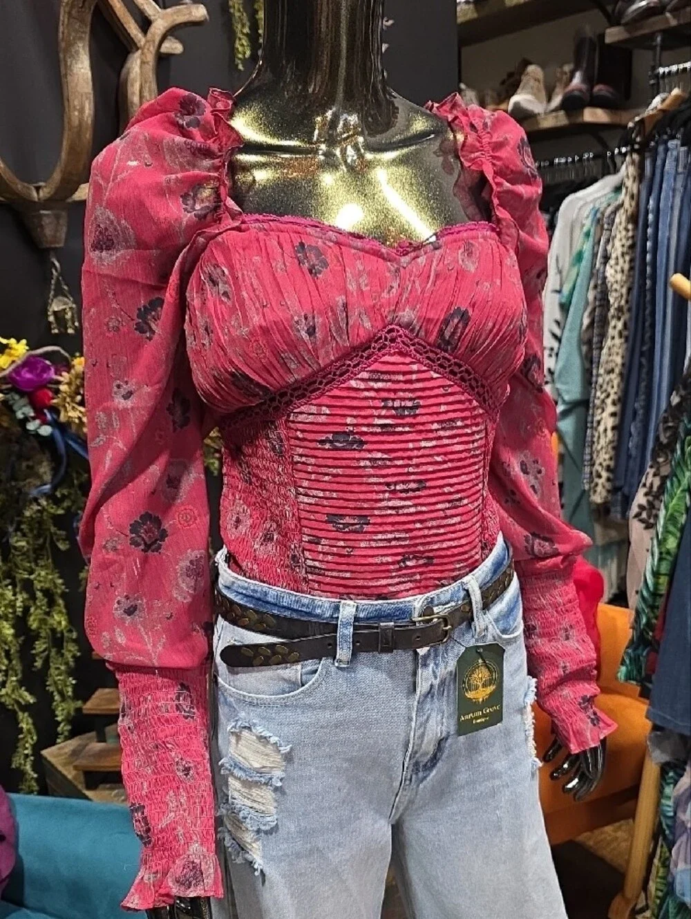 Free People Redish Pink  Floral Puff-Sleeve Smocked Bodysuit Blouse